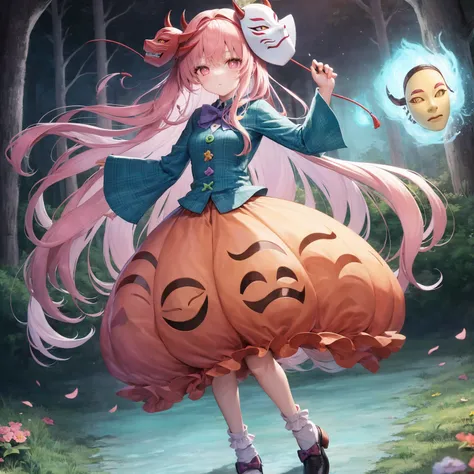 (1girl, koko), bubble skirt, (glowing blue flying oni mask:1.3), aqua shirt, collared shirt, expressionless, eyebrows hidden by hair, fox mask, full body, long hair, long sleeves, mask, multicolored buttons, pink eyes, pink hair, orange skirt, plaid shirt, purple bow, purple bowtie, solo, very long hair, white socks, footwear bow, flowering clover meadow, forest, countryside