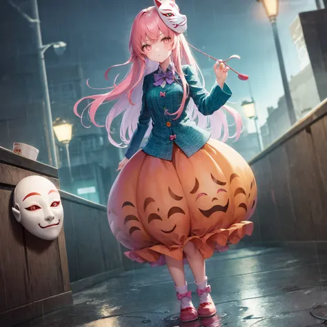 (1girl, koko), bubble skirt, aqua shirt, collared shirt, expressionless, eyebrows hidden by hair, fox mask, full body, long hair, long sleeves, mask, multicolored buttons, pink eyes, pink hair, orange skirt, plaid shirt, purple bow, purple bowtie, solo, very long hair, white socks, footwear bow, (noh mask, oni mask), (chiaroscuro:1.1) neon lights, cyberpunk, cyberpunk city, graffiti, (rain, puddle)