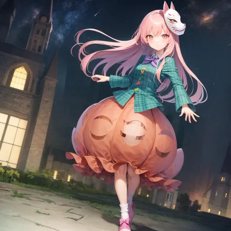 (1girl, koko), bubble skirt, aqua shirt, bow, bowtie, buttons, collared shirt, expressionless, eyebrows hidden by hair, fox mask, full body, long hair, long sleeves, mask, multicolored buttons, pink eyes, pink hair, orange skirt, plaid, plaid shirt, purple bow, purple bowtie, shirt, skirt, solo, very long hair, white socks, footwear bow background building architecture, gothic architecture, starry sky, outdoors, church, (castle), [[fantasy]]
