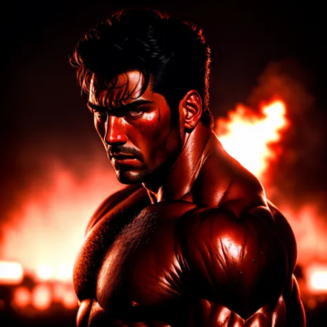 toughboy,Masterpiece, high quality, 4K,realistic, photo shoot, professional, high contrast, short dark haired man, blood on his chest, solo, expressive look, HDR, highest quality, sharp focus, looking at viewer, facing viewer, 8k, toughboy style,  man in fighter gear in a ring ready to fight,face closeup, (dark:1.4), deep shadow, darkness, award winning photo, extremely detailed, amazing, fine detail, absurdres,  by lee jeffries nikon d850 film stock photograph 4 kodak portra 400 camera f1.6 lens rich colors hyper realistic lifelike texture dramatic lighting unrealengine trending on artstation cinestill 800 tungsten, Style-Neeko, explosion in the background, screaming, frowning,  80s action movie poster<lora:Tough_Boy:0.65>