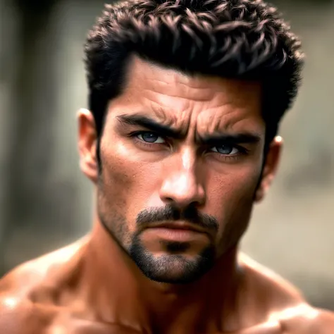 Masterpiece, 4k, award winning photo, extremely detailed, amazing, fine detail, absurdres, highly detailed man,toughboy, extremely detailed dark eyes and face, masculine, piercing eyes, by lee jeffries nikon d850 film stock photograph 4 kodak portra 400 camera f1.6 lens rich colors hyper realistic lifelike texture dramatic lighting unrealengine trending on artstation cinestill 800 tungsten, toughboy style, face ultra focus, intimidating, in a fighting position, short hair, muscular, veins popping, bead <lora:Tough_Boy:0.65>
