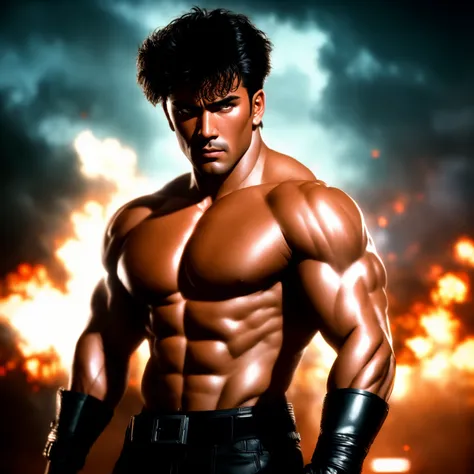 toughboy,Masterpiece, high quality, 4K,realistic, photo shoot, professional, high contrast, dark haired man, solo, expressive look, HDR, highest quality, sharp focus, looking at viewer, facing viewer, 8k, toughboy style, man in fighter gear in a ring ready to fight,face closeup, (dark:1.4), deep shadow, darkness, award winning photo, extremely detailed, amazing, fine detail, absurdres, by lee jeffries nikon d850 film stock photograph 4 kodak portra 400 camera f1.6 lens rich colors hyper realistic lifelike texture dramatic lighting unrealengine trending on artstation cinestill 800 tungsten, Style-Neeko, explosion in the background, screaming, frowning, 80s action movie poster<lora:Tough_Boy:0.75>