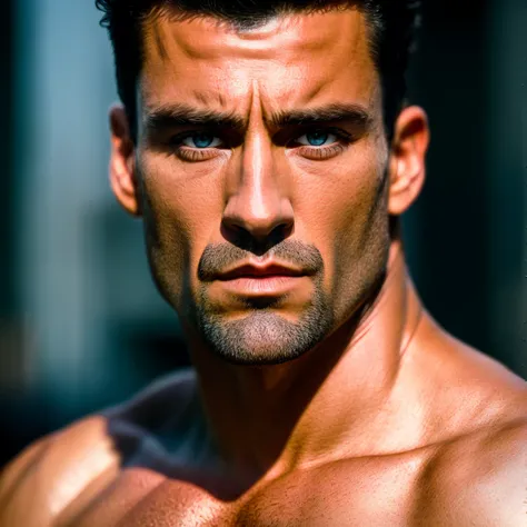 Masterpiece, 4k, award winning photo, extremely detailed, amazing, fine detail, absurdres, highly detailed man,toughboy, extremely detailed dark eyes and face, masculine, piercing eyes, by lee jeffries nikon d850 film stock photograph 4 kodak portra 400 camera f1.6 lens rich colors hyper realistic lifelike texture dramatic lighting unrealengine trending on artstation cinestill 800 tungsten, toughboy style, face ultra focus,  intimidating, in a fighting position, short hair, muscular, veins popping, bead <lora:Tough_Boy:0.85>