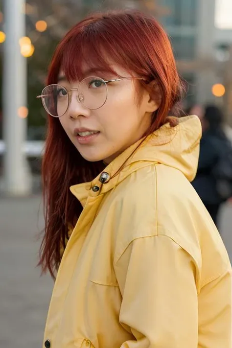 lilypichu, raw photograph, portrait, upper body, a woman wearing a yellow winter jacket at a outside a convention center, <lora:lilypichu_v1_sd1.5_andyxn:0.50> profile, glasses, red hair