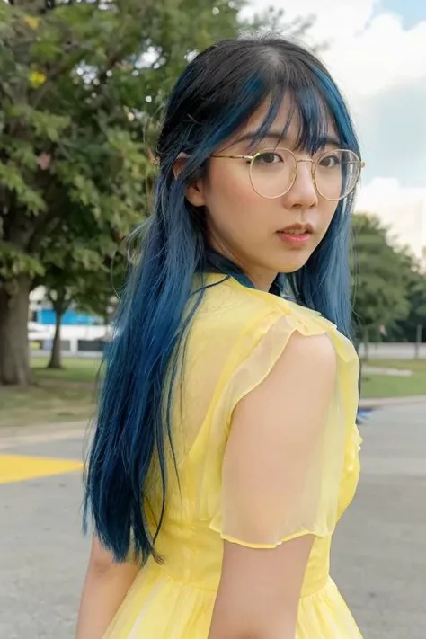 lilypichu, raw photograph, portrait, upper body, a woman wearing a yellow formal dress at a outside a convention center, <lora:lilypichu_v1_sd1.5_andyxn:0.50> profile, glasses, long blue hair