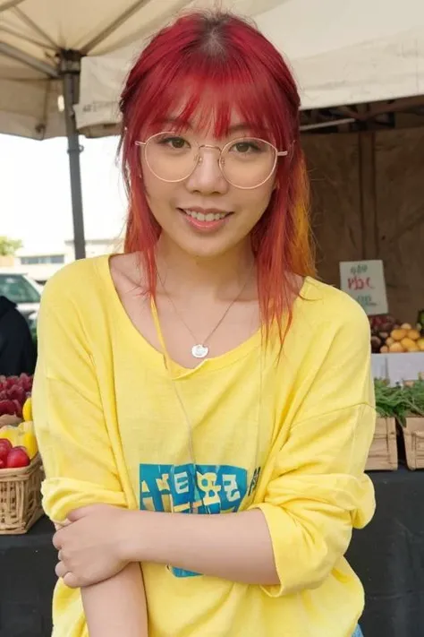 lilypichu, raw photograph, portrait, upper body, a woman wearing a yellow casual clothing at a farmers market, <lora:lilypichu_v1_sd1.5_andyxn:0.50> smile, glasses, red hair