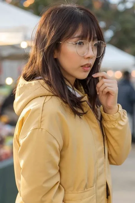 lilypichu, raw photograph, portrait, upper body, a woman wearing a winter jacket at a farmers market, glowing hair, <lora:lilypichu_v1_sd1.5_andyxn:0.50> profile, glasses