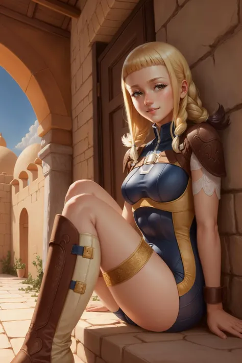 masterpiece, best quality, penelo_ff12, blue bodysuit, shoulder pads, bracers, knee boots, sitting, desert, middle eastern architecture, stone wall, smile, closed mouth <lora:penelo-nvwls-v1-000009:0.9>