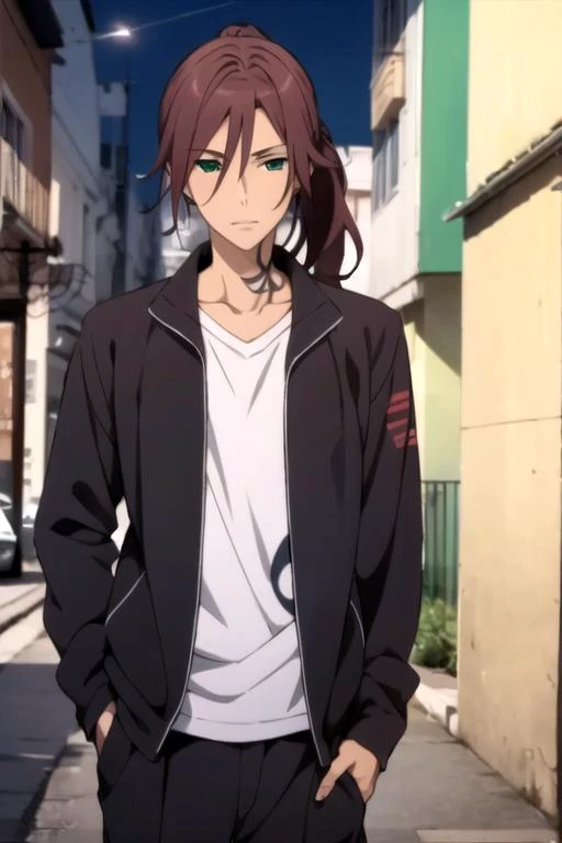 masterpiece, best quality, sketch, 1boy, solo, male focus, looking at viewer, , depth of field, anime coloring, realistic, <lora:renshou_sorinozuka:0.72>, renshou_sorinozuka, brown hair, green eyes, ponytail, tattoo, , infernal palace,