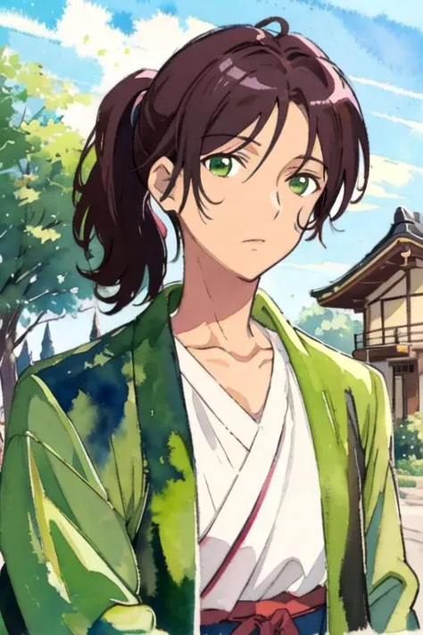 masterpiece, best quality, sketch, 1boy, solo, male focus, looking at viewer, upper body, depth of field, (watercolor illustration, soft pastel colors:1.1), , <lora:renshou_sorinozuka:0.72>, renshou_sorinozuka, brown hair, green eyes, ponytail, , japanese costume, time travel,