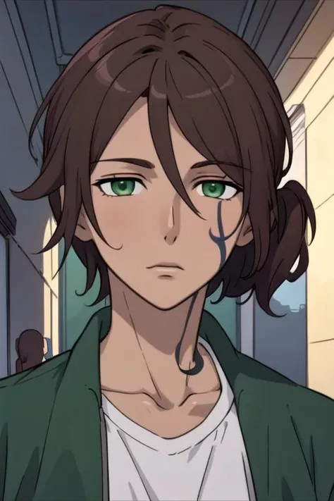masterpiece, best quality, illustration, 1boy, solo, male focus, looking at viewer, , depth of field, anime coloring, , <lora:renshou_sorinozuka:0.66>, renshou_sorinozuka, brown hair, green eyes, , , , , 2k resolution