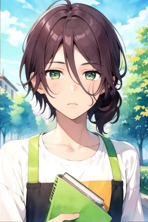 masterpiece, best quality, illustration, 1boy, solo, male focus, looking at viewer, upper body, depth of field, (watercolor illustration, soft pastel colors:1.1), , <lora:renshou_sorinozuka:0.66>, renshou_sorinozuka, brown hair, green eyes, , , , , Blu-ray