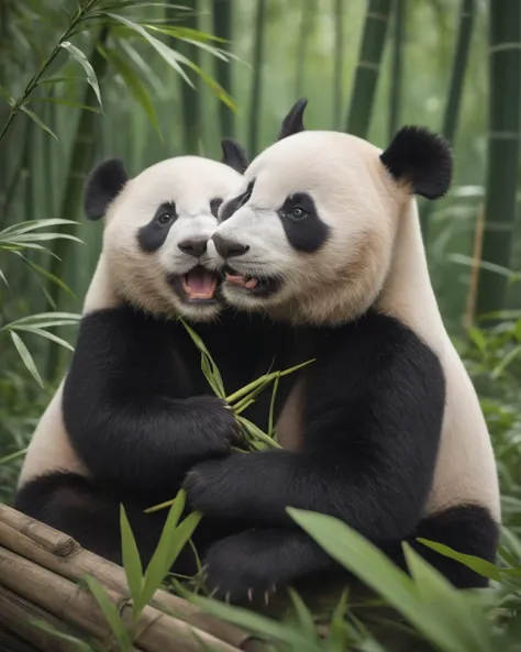 masterpiece, best quality, highly detailed, sharp focus, dynamic lighting, vivid colors, texture detail, particle effects, 16k, HDR, subject-background isolation, kodak film by Brandon Woelfel Ryan McGinley,
background is bamboo,
baby panda, (they is kissing each other:1.3), one panda was smile,another panda was angry, one panda was putted a bamboo into another s mouth,