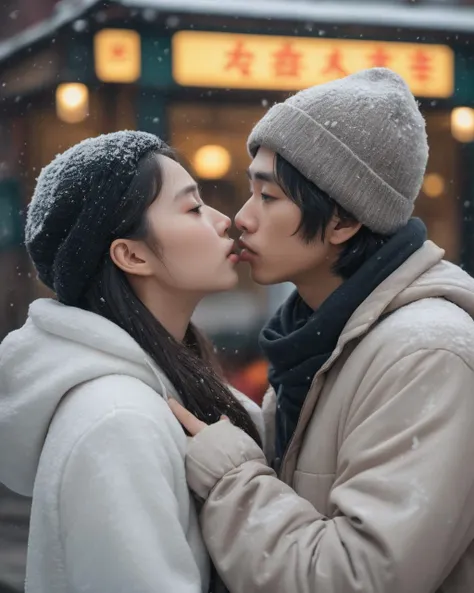 chinese, masterpiece, best quality, highly detailed, sharp focus, dynamic lighting, vivid colors, texture detail, particle effects, storytelling elements, narrative flair, 16k, HDR, subject-background isolation,
surreal dramatic lighting shadow (lofi, analog),  kodak film by Brandon Woelfel Ryan McGinley,
some girl and boy, (they is kissing each other,:1.3), the boy was with angry face, the girl were with smile natural face,  they were  weared (snow:1.4) tshirt snow drops, the girl was 14 or 24 years old, the boy was 23 or 35 years old, perfect eye, splash detailed, (perfect hand:1.2), (Hands clasped:1.4)