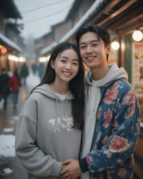 On the left comes a white long-sleeved sweater and black long pants.、A young man with a nice smile and a young woman on the right wearing a black mini-jumper skirt and white blouse.The two are holding hands.The hand that is not holding hands is raised diagonally upwards in a peace sign. There is a Christmas tree in the background Pixar Photo