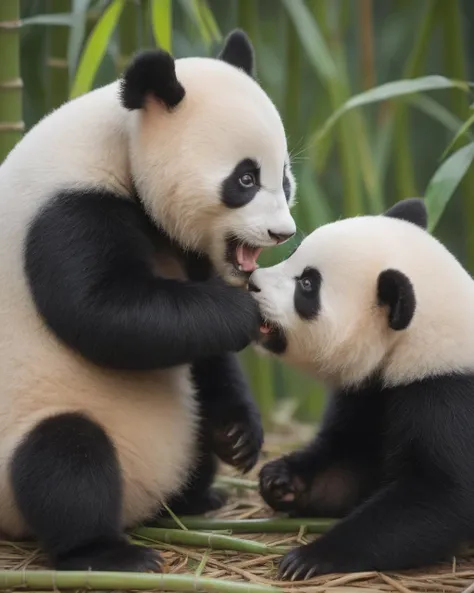 masterpiece, best quality, highly detailed, sharp focus, dynamic lighting, vivid colors, texture detail, particle effects, 16k, HDR, subject-background isolation, kodak film by Brandon Woelfel Ryan McGinley,
background is bamboo,
baby panda, (they is kissing each other:1.3), one was smile,another one was angry, one was putted a bamboo into  another s mouth,