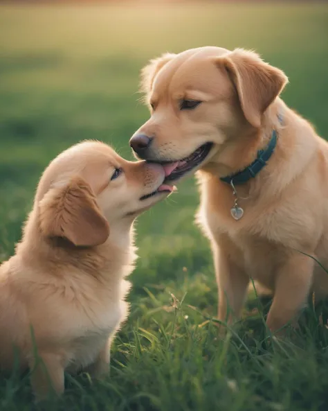 chinese, masterpiece, best quality, highly detailed, sharp focus, dynamic lighting, vivid colors, texture detail, particle effects, 16k, HDR, subject-background isolation, kodak film by Brandon Woelfel Ryan McGinley,
background is grass,
baby dog, (they is kissing each other:1.3), one dogwas smile, another dogwas angry, one dogwas putted a vine into  another s mouth,