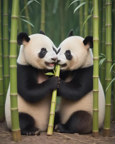masterpiece, best quality, highly detailed, sharp focus, dynamic lighting, vivid colors, texture detail, particle effects, 16k, HDR, subject-background isolation, kodak film by Brandon Woelfel Ryan McGinley,
background is bamboo,
baby panda, (they is kissing each other:1.3), smile, it is putting a bamboo into it s mouth,