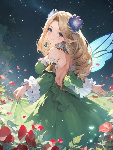 masterpiece,best quality,highres,cinematic lighting,dramatic angle,1girl,blonde hair,drill hair, green dress,parted bangs,cleavage,looking at viewer,pointy ears,blue eyes,bare shoulders,wings,frills,petal,grass,smile,<lora:ShadowverseBrilliantFairyV1-000021:0.8:lbw=jiangshi3>,detached collar,hair flower,depth of field,detached sleeves,straight-on,head tilt,close-up,night,starry sky,glowing particles,fairy,dance party,petals,skir lift,dress lift,happy,partedd lips,crowd,from behind,backless outfit