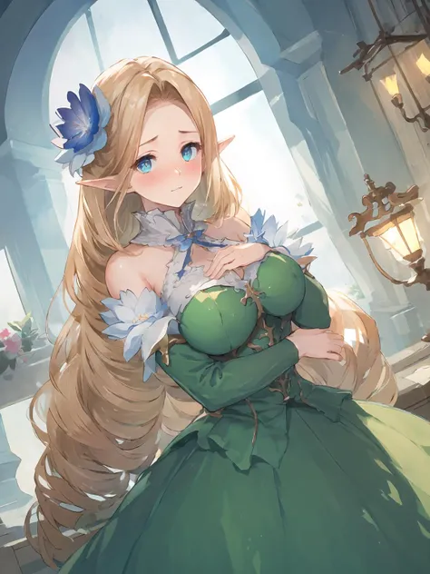 masterpiece,best quality,highres,cinematic lighting,dramatic angle,1girl,<lora:ShadowverseBrilliantFairyV1-000021:0.8:lbw=jiangshi3>,blonde hair,parted bangs,blue eyes,hands on own chest,covering breasts,blush,(embarrassed:1.2),hair flower,pointy ears,looking at viewer,shy,green dress,cleavage,bare shoulders