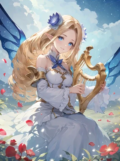 masterpiece,best quality,highres,cinematic lighting,dramatic angle,1girl,blonde hair,drill hair, white dress,parted bangs,cleavage,looking at viewer,pointy ears,blue eyes,bare shoulders,wings,frills,parted lips,petal,grass,smile,<lora:ShadowverseBrilliantFairyV1-000021:0.8:lbw=jiangshi3>,detached collar,hair flower,depth of field,detached sleeves,straight-on,head tilt,close-up,night,dark sky,(holding harp,playing instrument,playing harb,floating glowing musical note:1.3),sitting on chair,woods,starry sky,from below