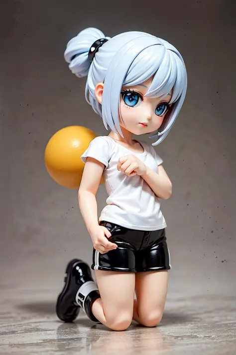 photorealistic, high resolution, 1 girl, ((full body)), white hair, korean, blue eyes, white shirt, skimpy tight black shorts, thick thighs,  (((cute, chibi)))