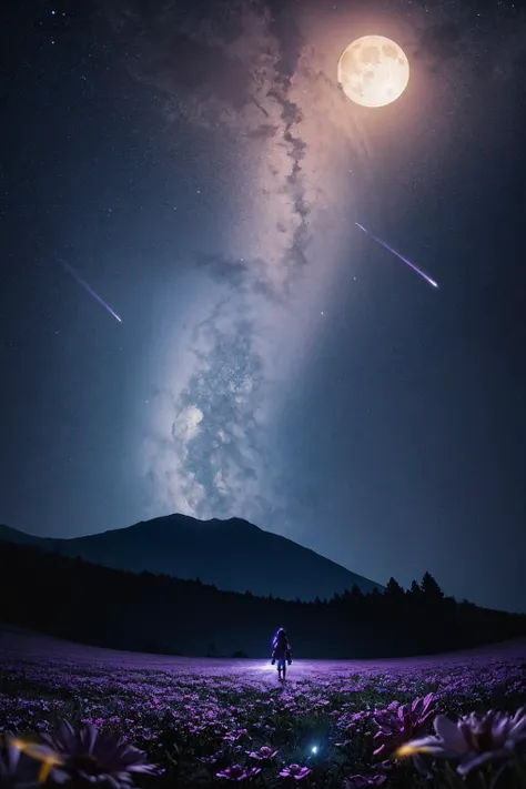 expansive landscape photograph , (a view from below that shows sky above and open field below), a girl standing on flower field looking up, (full moon:1.2), ( shooting stars:0.9), (nebula:1.3), distant mountain, tree BREAK
production art, (warm light source:1.2), (Firefly:1.2), lamp, lot of purple and orange, intricate details, volumetric lighting, realism BREAK
(masterpiece:1.2), (best quality), 4k, ultra-detailed, (dynamic composition:1.4), highly detailed, colorful details,( iridescent colors:1.2), (glowing lighting, atmospheric lighting), dreamy, magical, (solo:1.2), (masterpiece,best quality:1.5)