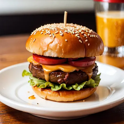 A burger falling in pieces juicy, tasty, hot, promotional photo, intricate details, hdr, cinematic, adobe lightroom, highly detailed, (cute, chibi)