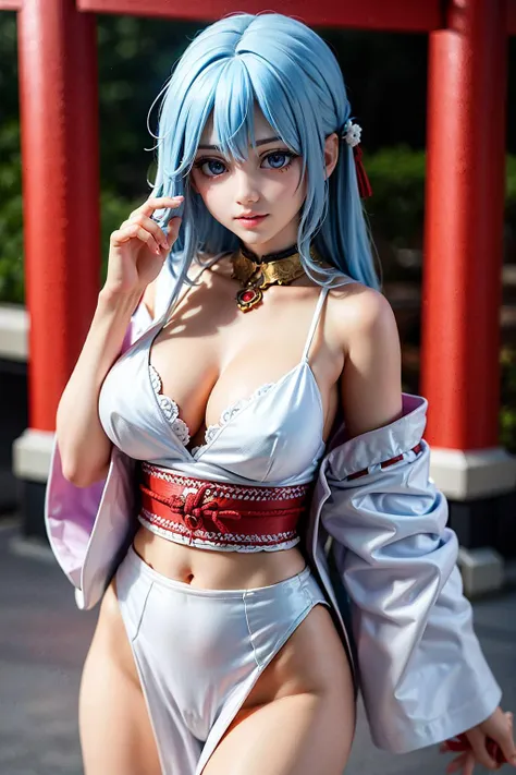 ultra high res,Diverse postures, (masterpiece),(best quality),(ultra-detailed), (cowboy shot:1.4), 1 girl,(Soft light and shadow), (beautiful detailed face), (beautiful detailed eyes:1.12), (looking at viewer), yae miko, bare shoulders, light blue hair, long hair, japanese clothes, jewelry, purple eyes, breasts, torii, lantern light, east asian architecture, yae sakura