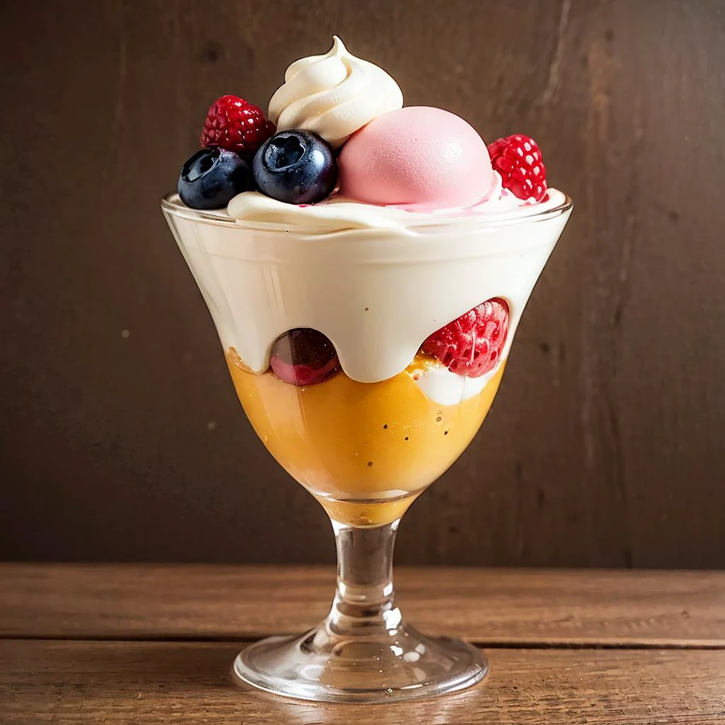 colorful flowers on table, knickerbocker glory, tall thin glass, colorful ice cream, purple ice cream, raspberries, couli, blueberries, chopped chocolate, icing sugar, intricate, oil on canvas, masterpiece, expert, insanely detailed, 4k resolution, splash art, concept art, composition, framing, delicate features,(cute, chibi)