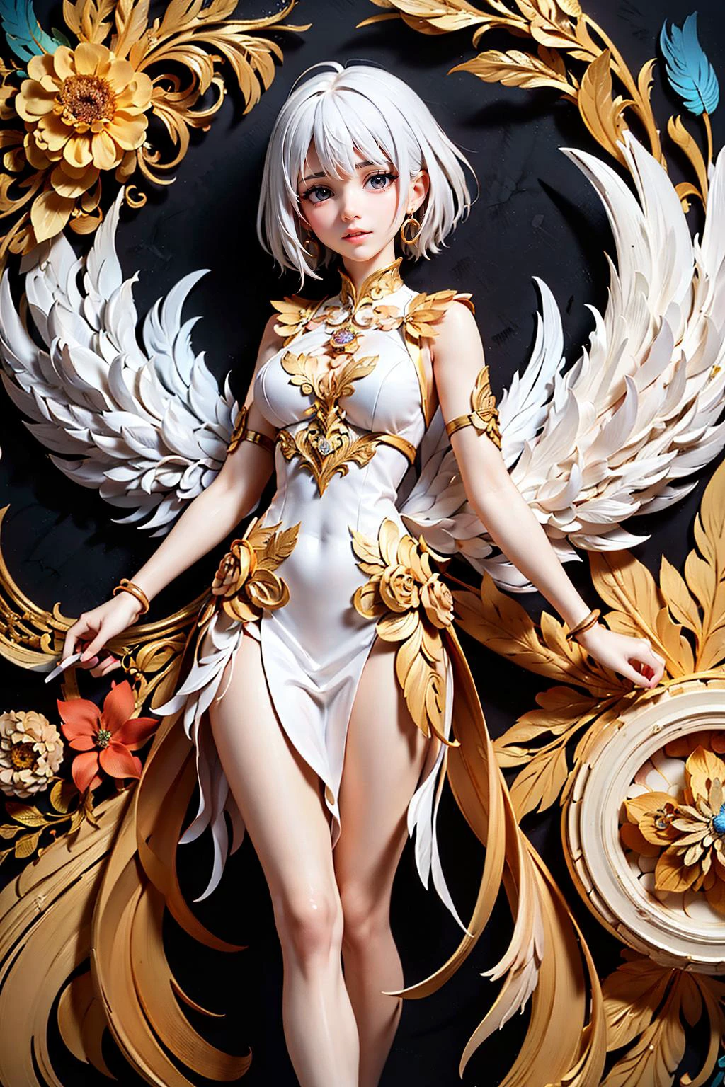 (masterpiece, top quality, best quality, official art, beautiful and aesthetic:1.2), (1girl, white hair:1.3), extremely detailed,(fractal art:1.1),(colorful:1.1)(flowers:1.3),highest detailed,(zentangle:1.2), full body, (abstract background:1.3), (shiny skin), (many colors:1.4), ,(earrings), (feathers:1.5),, masterpiece,ultra realistic,32k,extremely detailed CG unity 8k wallpaper, best quality, masterpiece,ultra realistic,32k,extremely detailed CG unity 8k wallpaper, best quality, <lora:KK_paperCut_v1:0.7>