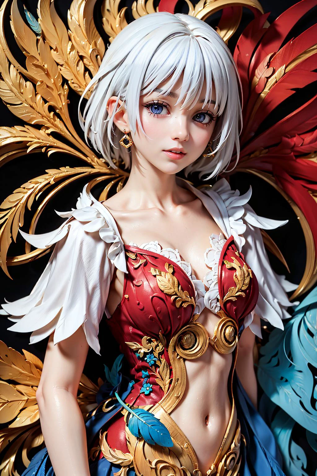 (masterpiece, top quality, best quality, official art, beautiful and aesthetic:1.2), (1girl, white hair:1.3), extremely detailed,(fractal art:1.1),(colorful:1.1)(flowers:1.3),highest detailed,(zentangle:1.2), full body, (abstract background:1.3), (shiny skin), (many colors:1.4), ,(earrings), (feathers:1.5),, masterpiece,ultra realistic,32k,extremely detailed CG unity 8k wallpaper, best quality, masterpiece,ultra realistic,32k,extremely detailed CG unity 8k wallpaper, best quality, <lora:KK_paperCut_v1:0.7>