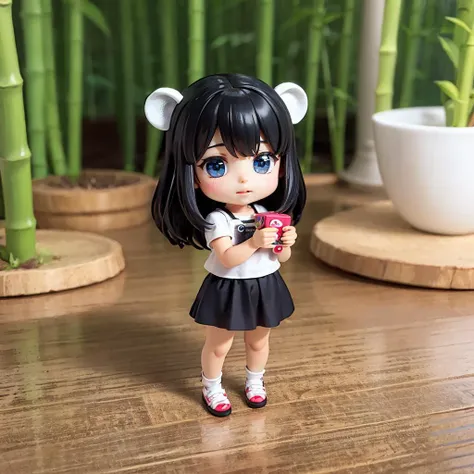 Cute *********** with big watery eyes, full body, delicate shoes, delicate hair, panda, cute black and white clothes, bamboo, small tiger teeth, popmart blind box, clay texture, clean background, natural light, best quality, ultra detail, 3d art, c4d, blender, oc renderer, 3d render, 8k, (cute, chibi)