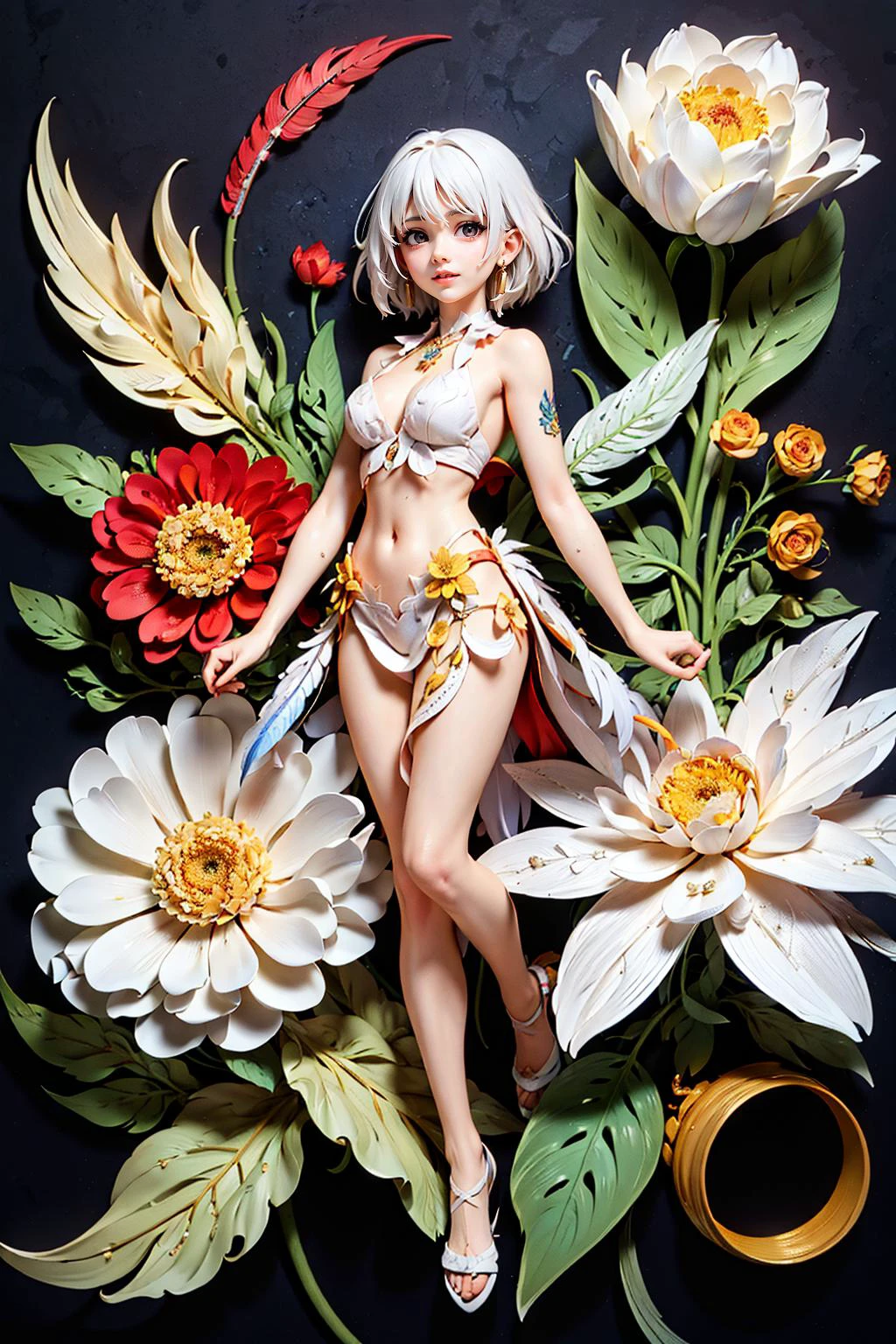 (masterpiece, top quality, best quality, official art, beautiful and aesthetic:1.2), (1girl, white hair:1.3), extremely detailed,(fractal art:1.1),(colorful:1.1)(flowers:1.3),highest detailed,(zentangle:1.2), full body, (abstract background:1.3), (shiny skin), (many colors:1.4), ,(earrings), (feathers:1.5),, masterpiece,ultra realistic,32k,extremely detailed CG unity 8k wallpaper, best quality, masterpiece,ultra realistic,32k,extremely detailed CG unity 8k wallpaper, best quality, <lora:KK_paperCut_v1:0.7>