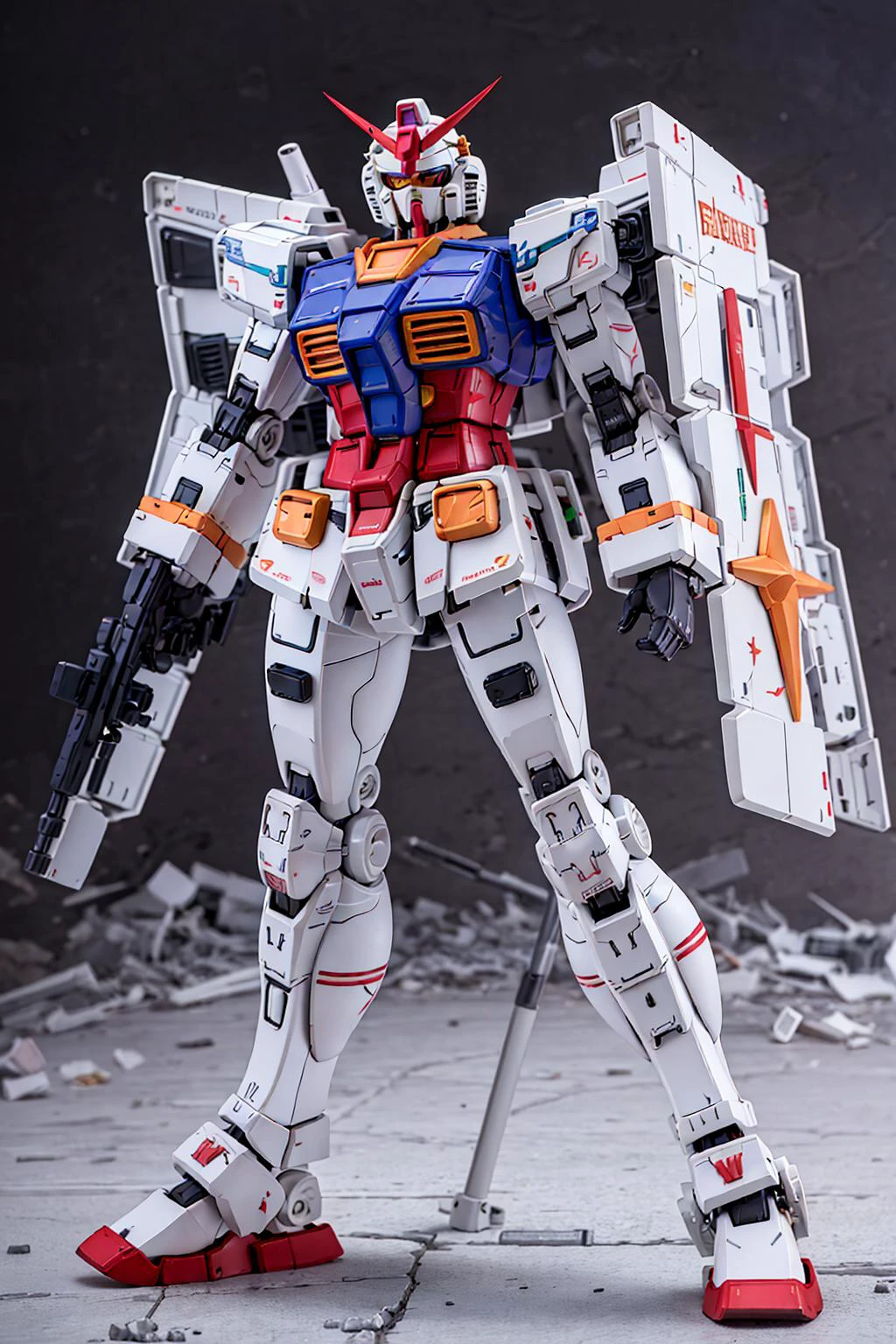 NSFW, gundam\(rx78\), ultra high res, best quality, photo, 4k, (photorealistic:1.4), (full body:1.1),outside in a destroyed city, dynamic pose, ((mecha armor, red metal long wings)), depth of field, motion lines ,(full body picture) <lora:gundamRX782OutfitStyle_v10:0.7>, (masterpiece,best quality:1.5)