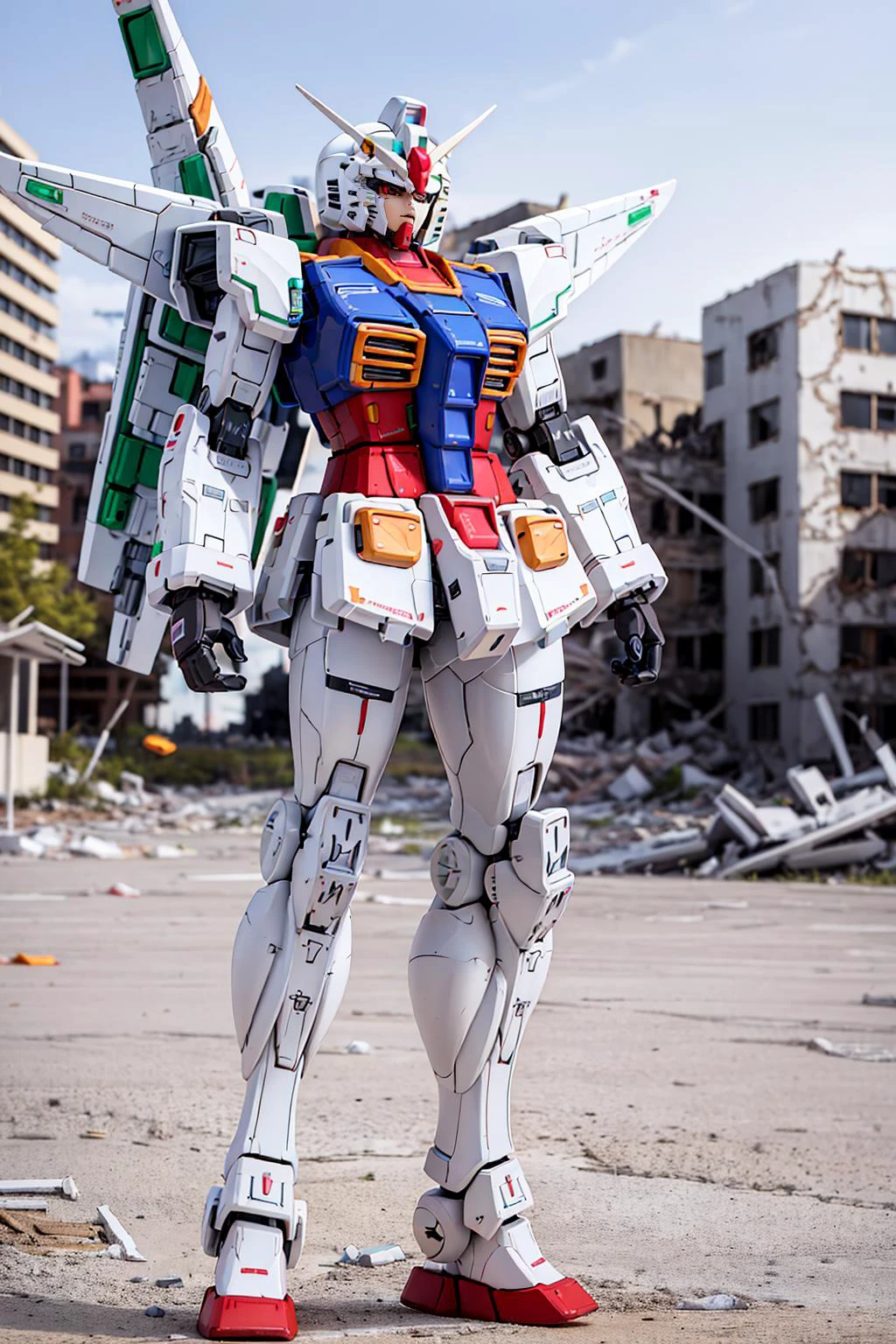 NSFW, gundam\(rx78\), ultra high res, best quality, photo, 4k, (photorealistic:1.4), (full body:1.1),outside in a destroyed city, dynamic pose, ((mecha armor, red metal long wings)), depth of field, motion lines ,(full body picture) <lora:gundamRX782OutfitStyle_v10:0.7>, (cute, chibi), (masterpiece,best quality:1.5)