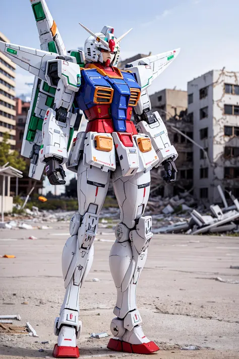 NSFW, gundam\(rx78\), ultra high res, best quality, photo, 4k, (photorealistic:1.4), (full body:1.1),outside in a destroyed city, dynamic pose, ((mecha armor, red metal long wings)), depth of field, motion lines ,(full body picture) <lora:gundamRX782OutfitStyle_v10:0.7>, (cute, chibi), (masterpiece,best quality:1.5)