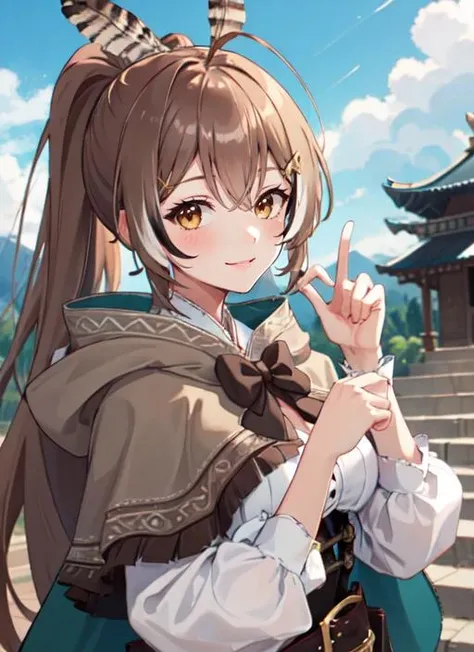 <lora:mumei1-000005:1.0>, mumeidef, upper body, smile, blush, outdoors, day, simple background, blue sky, sky, temple, looking at viewer, stairs, mountain, moody lighting, facing viewer,