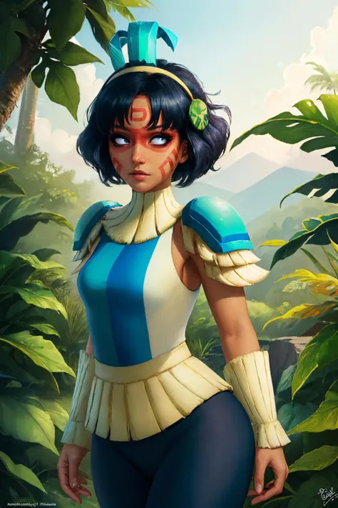 (masterpiece, best quality:1.2), solo, 1girl, bhqueennai, dark skin, dark-skinned female, serious, looking at viewer, facial mark, no pupils, armor, shoulder armor, leggings, jungle <lora:brawlhalla_queennai:1>