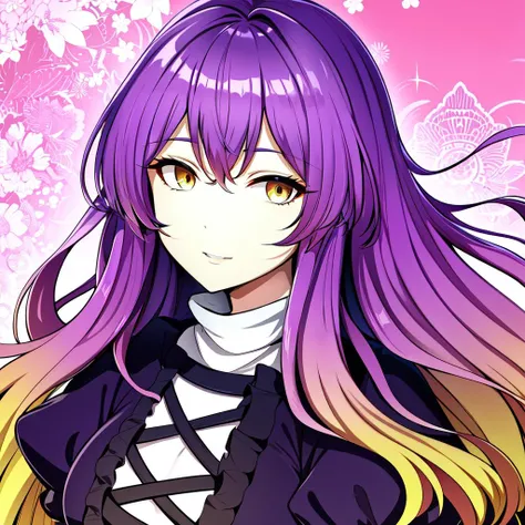 <lora:touhou_hijiri:1> hijiri byakuren, dress, puffy sleeves, gradient hair, purple hair, yellow eyes, face portrait