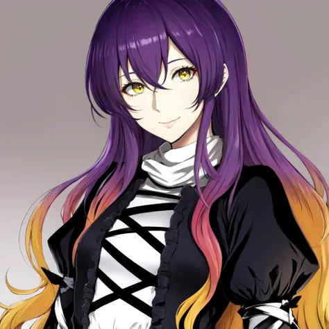 hijiri byakuren, upper body ADDCOMM
<lora:touhou_hijiri:1>upper body, gradient hair, purple hair ADDBASE
light smile, purple hair, yellow eyes, looking at viewer, (mature female:1.3), adult woman, (huge breasts:1.2) ADDROW
(yellow hair:0.8), dress, puffy sleeves, (flat chest:1.3)