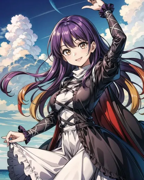 <lora:touhou_hijiri-10:0.9>, 1girl, arm_ribbon, black_dress, cape, cloud, cross-laced_clothes, dress, hijiri_byakuren, juliet_sleeves, layered_dress, very_long_hair, long_sleeves, (multicolored_hair, purple_hair, orange_hair, gradient_hair:1), puffy_sleeves, ribbon, smile, solo, white_dress, light_brown_eyes, <lora:add_detail:1>, masterpiece, best quality