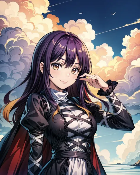 <lora:touhou_hijiri-10:0.9>, 1girl, arm_ribbon, black_dress, cape, cloud, cross-laced_clothes, dress, hijiri_byakuren, juliet_sleeves, layered_dress, very_long_hair, long_sleeves, (purple_hair, orange_hair, gradient_hair:1), puffy_sleeves, ribbon, smile, solo, white_dress, light_brown_eyes, <lora:add_detail:1>, masterpiece, best quality