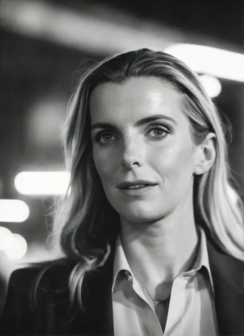 candid RAW close up portrait photo of sks woman in a (purple colored suit:1.0) on a dark street with shopping windows (at night:1.2), bokeh, Ilford Delta 3200 film, dof, high definition, detailed, intricate, flashlight, <lora:locon_bettygilpin_v1_from_v1_64_32:1.25>
