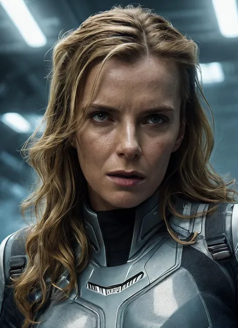 close up photo of sks woman, rugged space trucker, inside industrial spaceship, futuristic science fiction, action scene, digital concept art, realistic, intricate detailed textures, filmic, cinematic, environmental character portrait, <lora:locon_bettygilpin_v1_from_v1_64_32:1.25>