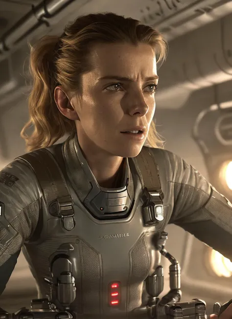 close up photo of sks woman, rugged space trucker, inside industrial spaceship, futuristic science fiction, action scene, digital concept art, realistic, intricate detailed textures, filmic, cinematic, environmental character portrait, <lora:locon_bettygilpin_v1_from_v1_64_32:1.25>