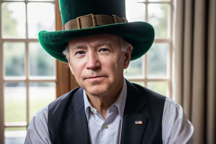 Biden dressed as leprechaun, RAW photo, subject, (high detailed skin:1.2), 8k uhd, dslr, soft lighting, high quality