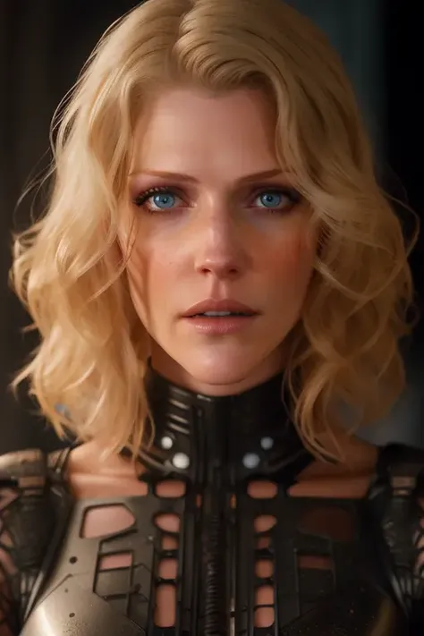 Tricia Helfer closeup of a [gorgeous redhead female freckles humanoid|cyborg:0.3] looking to camera standing in a ghotic cathedral, <lora:Tricia Helfer:0.7> full body 8k unity render, action shot, skin pores, detailed intricate iris, very dark lighting, heavy shadows, detailed, detailed face, (vibrant, photo realistic, realistic, dramatic, dark, sharp focus, 8k), (weathered greasy dirty damaged old worn technician worker outfit:1.1), (intricate:1.1), (highly detailed:1.1), digital painting, octane render, artstation, concept art, smooth, sharp focus, illustration, art by artgerm, (loish:0.23), wlop ilya kuvshinov., (global illumination, studio light, volumetric light) <lora:epicdiffusionLora300_epicdiffusionLora300:1>
