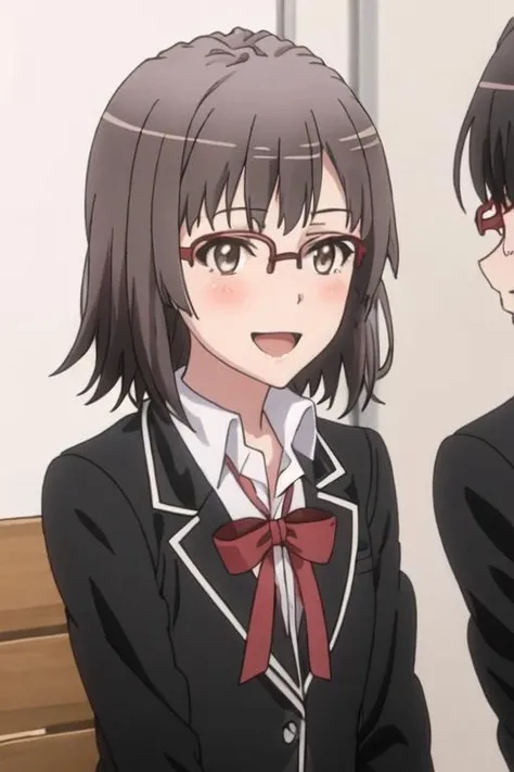 best quality, masterpiece, highres, solo, {ebina_hina_yahariorenoseishunlovecomewamachigatteiru:1.15}, short_hair, brown_hair, glasses, smile, red-framed_eyewear, black_hair, brown_eyes, 1girl, open_mouth, blush, school_uniform, anime_coloring