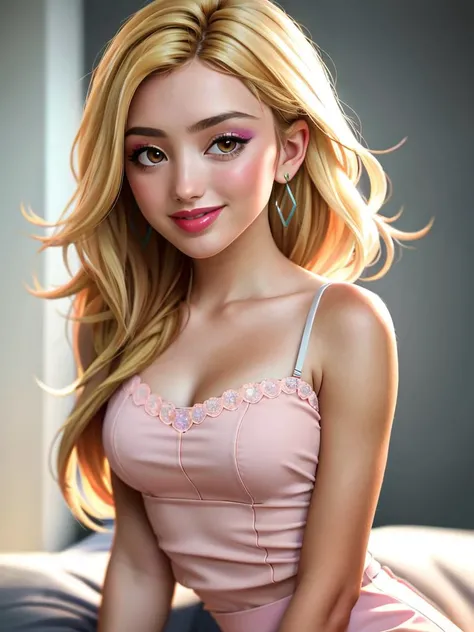 Realistic photo of a beautiful p3yt0nl woman, 1girl,solo,long hair,breasts,looking at viewer,smile,blonde hair,brown eyes,jewelry,earrings,teeth,mole,grin,lips,makeup,camisole,realistic, soft lighting, professional Photography, Photorealistic, detailed, RAW, analog, sharp focus, 8k, HD, high quality, masterpiece<lora:p3yt0nl:1.0>